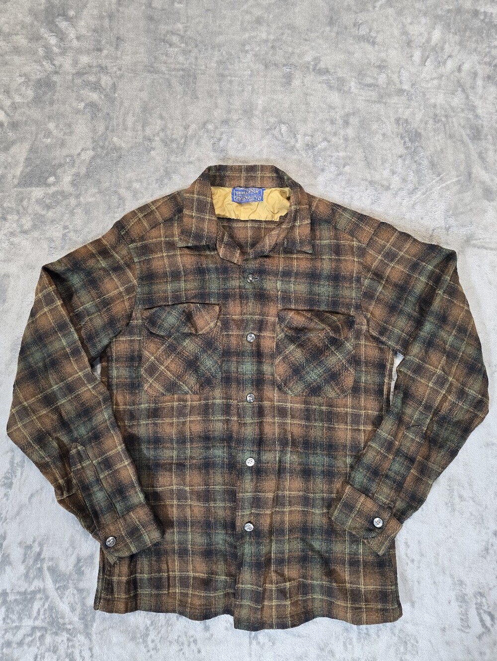 Vintage 70's Pendleton Virgin Wool Brown Plaid Button Up Shirt Sz Sm
